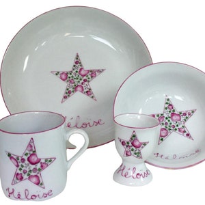 Hand-painted porcelain set for children, personalized, pink liberty star