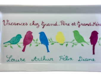 Personalized Christmas or Mother&#39;s Day Gift: Personalized Hand Painted Porcelain Cake Plate &quot;Little Birds on their Branch&quot;