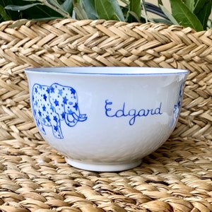 Personalized Porcelain Children&#39;s Bowl Elephant and Stars Blue