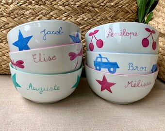 Personalized porcelain bowl for child, unicorn, star, lizard, cherry, dragonfly or car