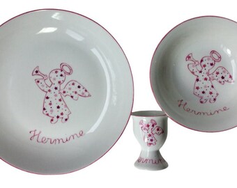 Ensemble de baptême ou de naissance en porcelaine personnalisé Ange rose 3 articles