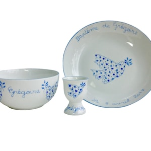 Personalized Christening Tableware Set Dove Stars Blue 3 Items, Hand Painted Porcelain for Children