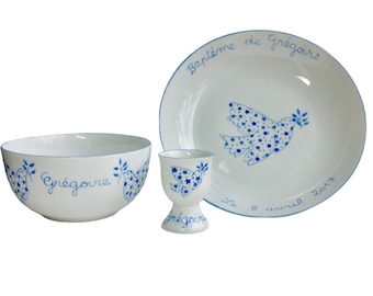 Ensemble vaisselle de baptême personnalisée Colombe étoiles Bleu 3 articles, porcelaine peint main pour enfant