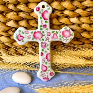 Large personalized pink, celadon green or blue liberty baptism wall cross in hand-painted porcelain