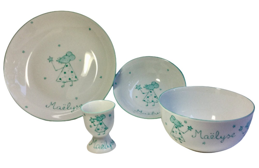 Ensemble de Baptême ou Naissance en Porcelaine Personnalisée Fée Souris Turquoise 4 Articles