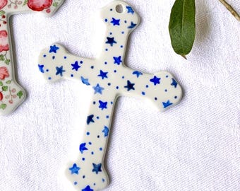 Large personalized baptismal wall cross Small blue stars in tone on tone of blue, celadon green or pink. Hand painted porcelain