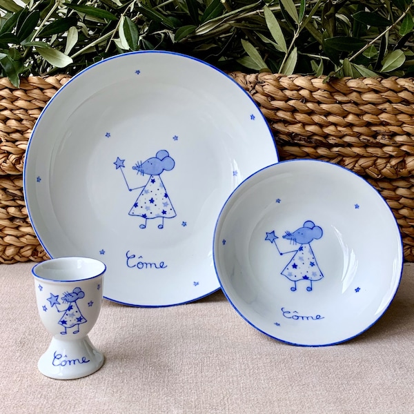 Cadeau de naissance original et personnalisé: ensemble vaisselle Fée Souris Bleu en porcelaine peint main