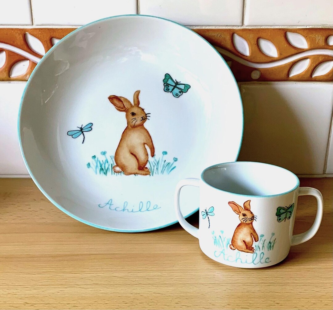 Personalized Baby Dinnerware Set Little Rabbit Brown and Celadon Green ...