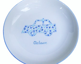 Assiette creuse Voiture personnalisée pour enfant,semis d'étoiles bleu, en porcelaine peint main