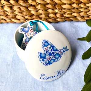 Boîte à dragées de baptême ou de communion personnalisée Colombe Liberty Bleu