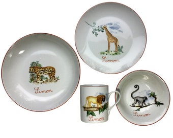 Personalized porcelain children's table service Animals of the Savannah 4 items