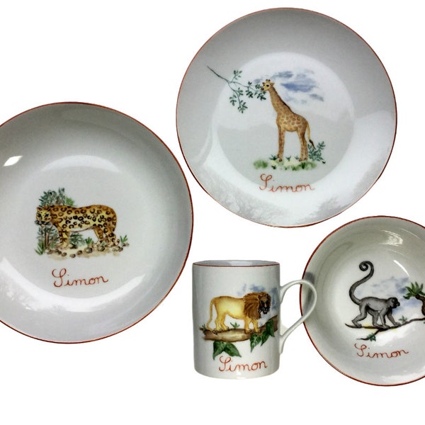 Service de table pour enfant en porcelaine personnalisé Animaux de la Savane 4 articles