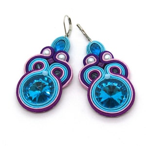 Soutache Earrings - Turquoise & Violet with Faceted Crystal, Handmade
