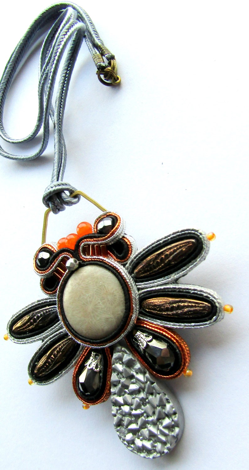 Orange Pendant Soutache Gray Brooch Silver