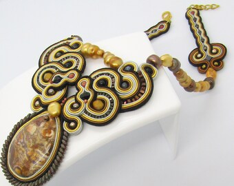 Necklace soutache with Jasper and Pearls