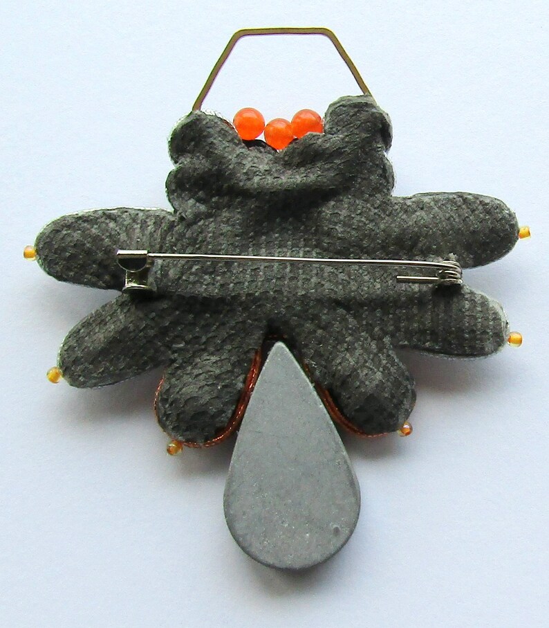 Orange Pendant Soutache Gray Brooch Silver