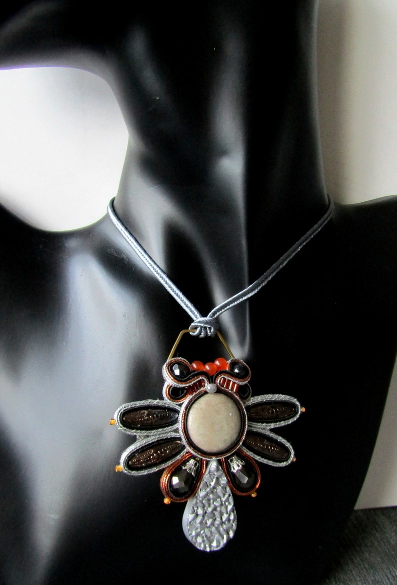 Orange Pendant Soutache Gray Brooch Silver
