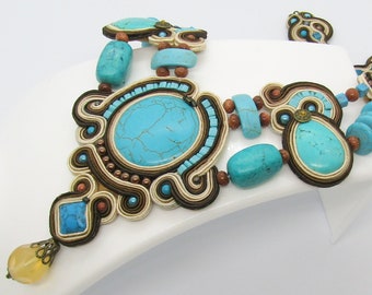 Necklace soutache Cream - Brown - Turquoise