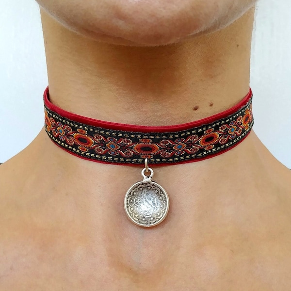 Choker necklace red black velvet bohemian style choker turkish ottoman coin necklace for woman middle eastern jewelry gift for her