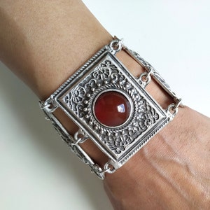 Ottoman antique silver bracelet red stone large Turkish bracelet for women middle eastern jewelry