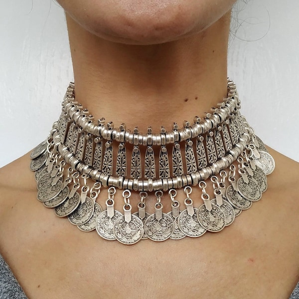 Choker necklace/silver choker /coin necklace/ turkish jewelry/ statement necklace/Ethnic jewellery/mother's day gift