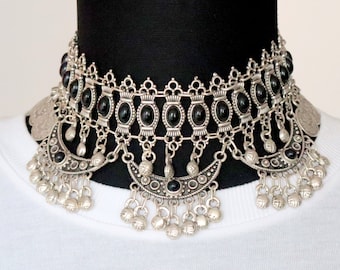 Turkish choker antique silver black stones ethnic large choker necklace bohemian jewelry for woman ethnic choker gift for her