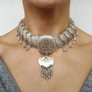 ASENA - Antique silver plated large choker turkish jewelry ottoman coin necklace ethnic middle eastern choker vintage look statement piece