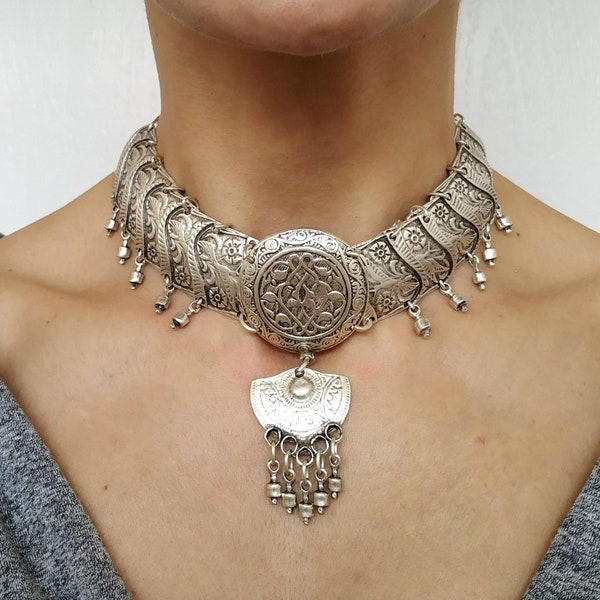 Collier ras du cou antique plaqué argent, bijoux turcs, tour de cou ottoman, pièce de monnaie, collier en argent moyen-oriental, bijoux ottomans