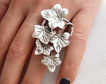 Ivy ring antique silver plated oxidized adjustable poison ivy jewelry leaf shaped ring vintage ivy ring large ivy leaves whimsical wedding