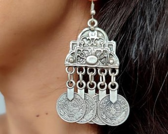 Antieke zilveren muntoorbellen, Turkse zilveren hangende oorbellen, Midden-Oosterse sieraden voor dames, authentieke Oosterse oorhangers