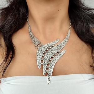 Large abstract silver plated antique look oxidized adjustable necklace