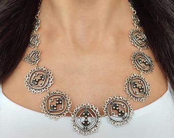 Antieke verzilverde, geoxideerde Turkse ketting, vintage Turkse choker, ketting met Midden-Oosterse bloemen, kerstcadeau voor vrouwen