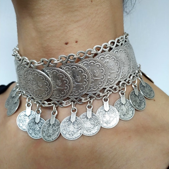 ELVAN - Coin Choker Antique Silver Necklace Middle Eastern Jewelry