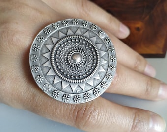 Grote ronde antieke zilveren ring grote dikke verzilverde ring verstelbare bohemien ring moederdagcadeau