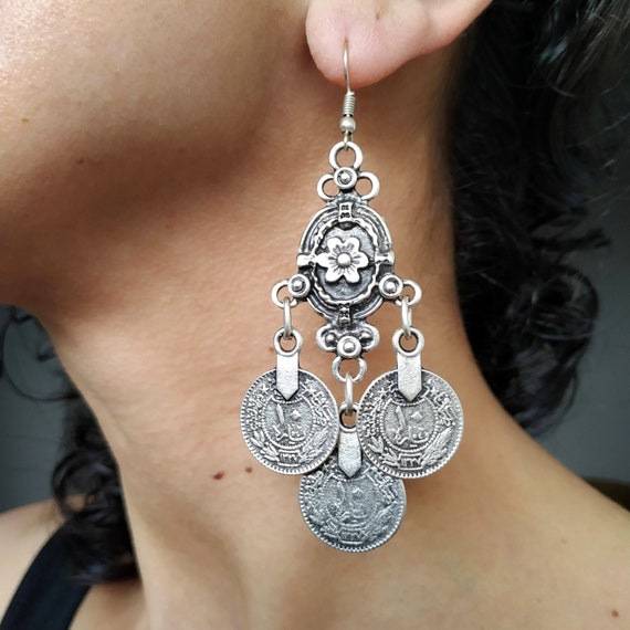 Vieilles boucles d'oreilles en argent massif - Coral Dome Dangles - Ethnique, Tribal, Ouzbek, Afghan, Afghani Déclaration d'Asie centrale, Incroyable Style PAIRE - France