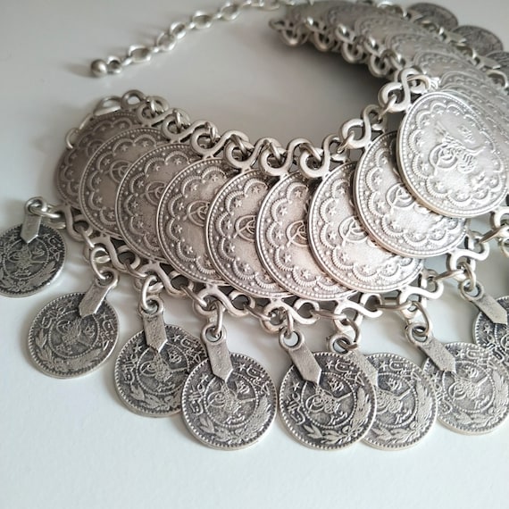 ELVAN - Coin Choker Antique Silver Necklace Middle Eastern Jewelry