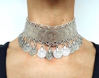 ELVAN - Coin choker antique silver necklace middle eastern jewelry turkish silver necklace big statement jewelry islamic gifts for her