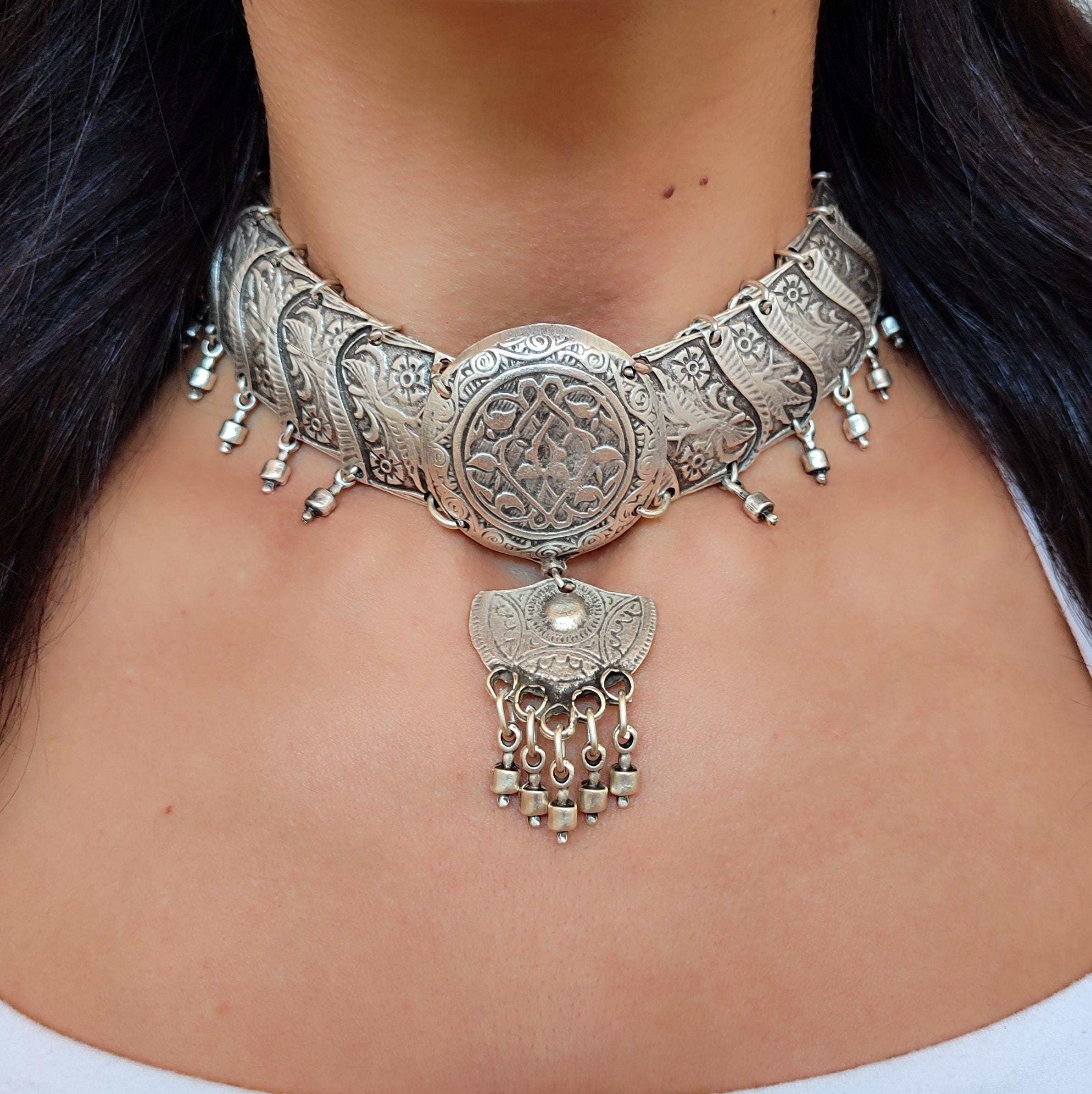 ASENA - Antique Silver Plated Large Choker Turkish Jewelry Ottoman