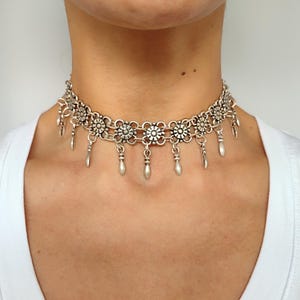 BEDIA -Turkish choker antique silver plated necklace victorian dainty flower choker middle eastern necklace vintage chain choker