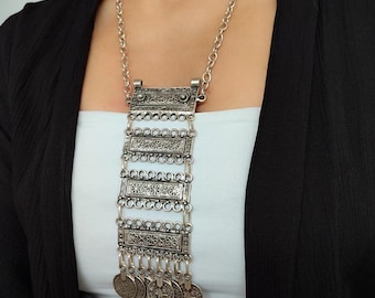 Antieke verzilverde lange halsketting, Turkse sieraden, zilveren gelaagde halsketting uit het Midden-Oosten, ideaal als Moederdagcadeau voor vrouwen.