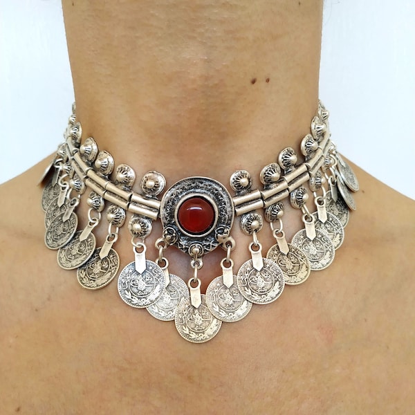 Choker necklace silver plated ottoman tughra coin necklace turkish jewelry middle eastern jewelry woman