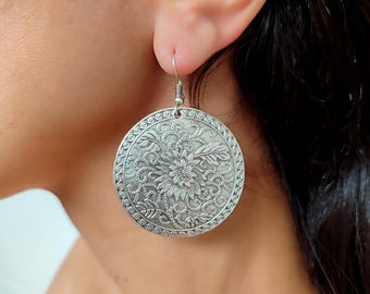 Antieke zilveren schijfoorbellen, Midden-Oosterse sieraden, grote ronde verzilverde oorbellen, cadeau-ideeën voor haar, islamitisch geschenk