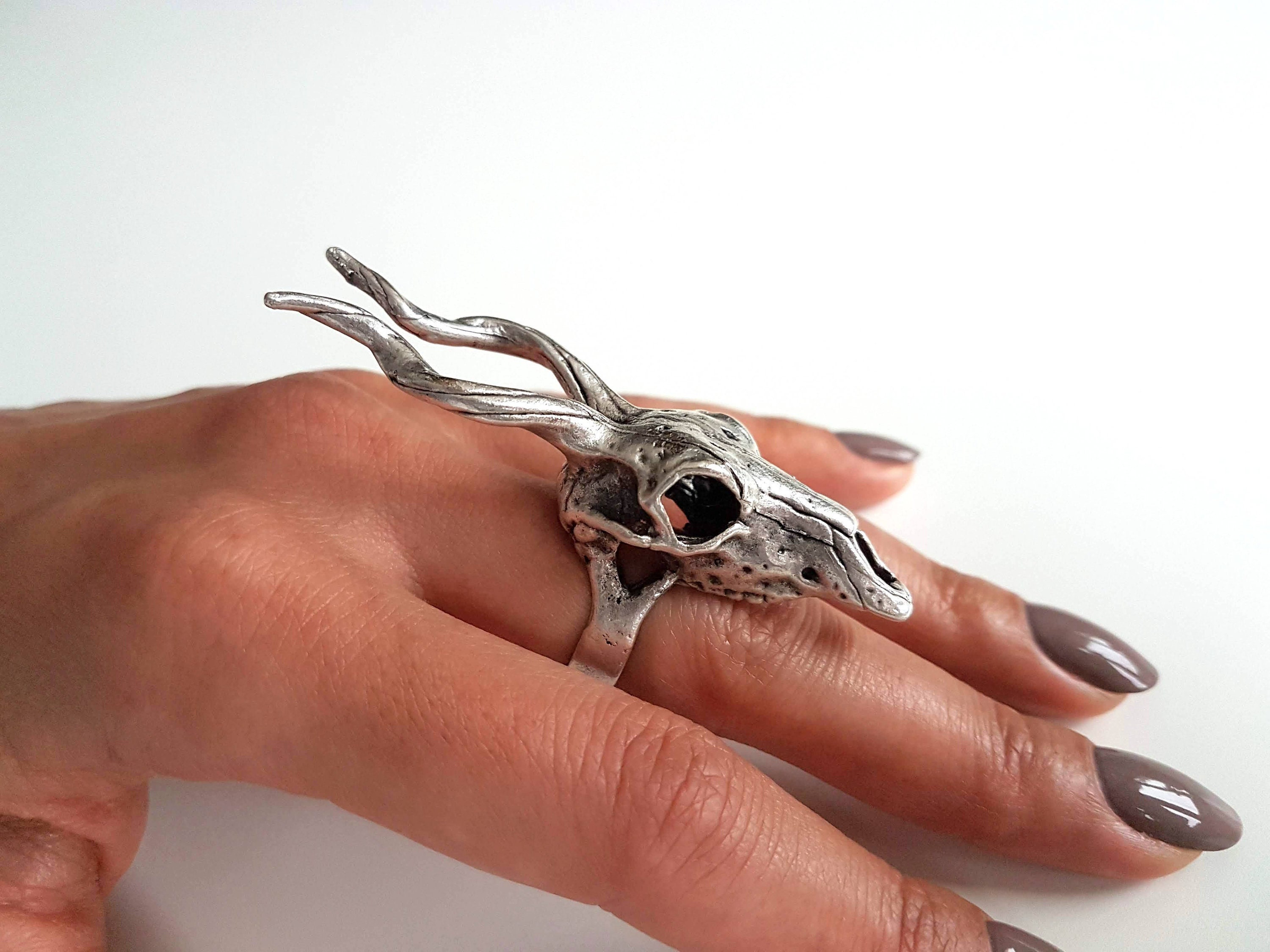 Large Antique Silver Plated Gazelle Skull Ring Unisex Adjustable