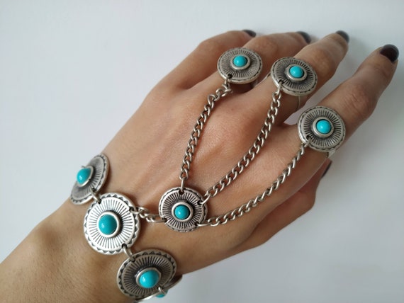 Navajo Turquoise and Coral Sterling Slave Bracelet - Garden Party  Collection Vintage Jewelry