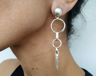 Antique silver long dangle earrings circle and triangle statement earring modern silver jewelry women mother's day gift