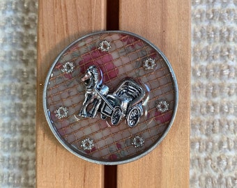 Cart driver, horse racing, custom unique rosettes, bridal conchos, competition decoration, horse and buggy, made in USA.