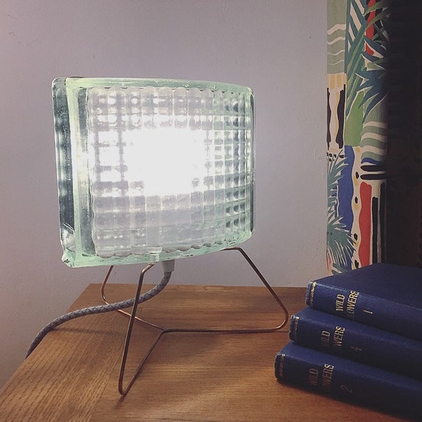 Handmade Glass Block Table Lamp: 1920s curved glass block on brazed copper tripod made in Britain UK modern design interior accent lighting