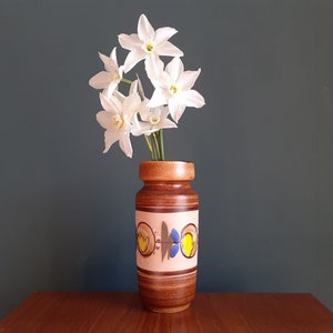 Vintage 1970s East German VEB Haldensleben Vase Mid-Century Modern spring earthy hand-painted glazed 30418 pattern floral flowers abstract
