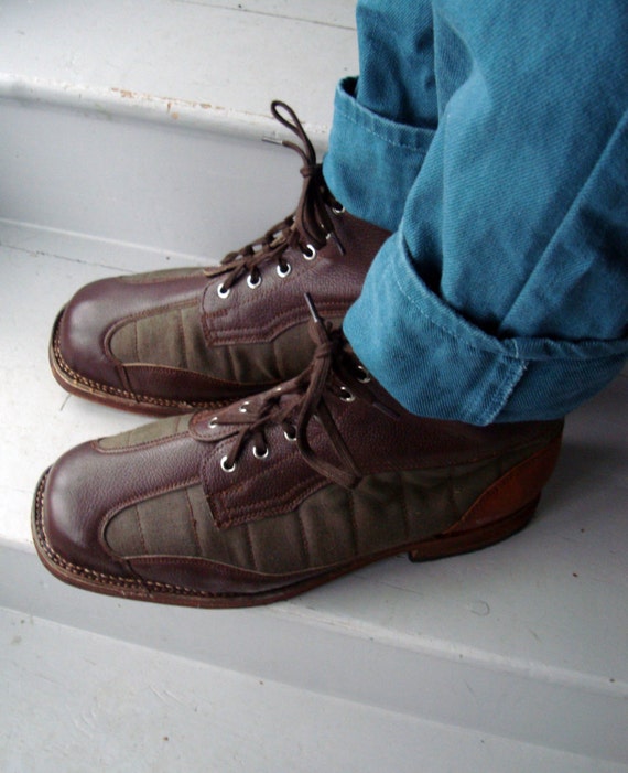 1940s Swedish Army Walking & Ski ing Boots, Vintage, NOS, WWII, Military, Chunky, Cross Country, Leather, Canvas, Workwear, Rare, Collector. 1940s Swedish Army Walking & Ski ing Boots, Vintage, NOS, WWII, Military, Chunky, Cross Country, Leather, Canvas, Workwear, Rare, Collector.