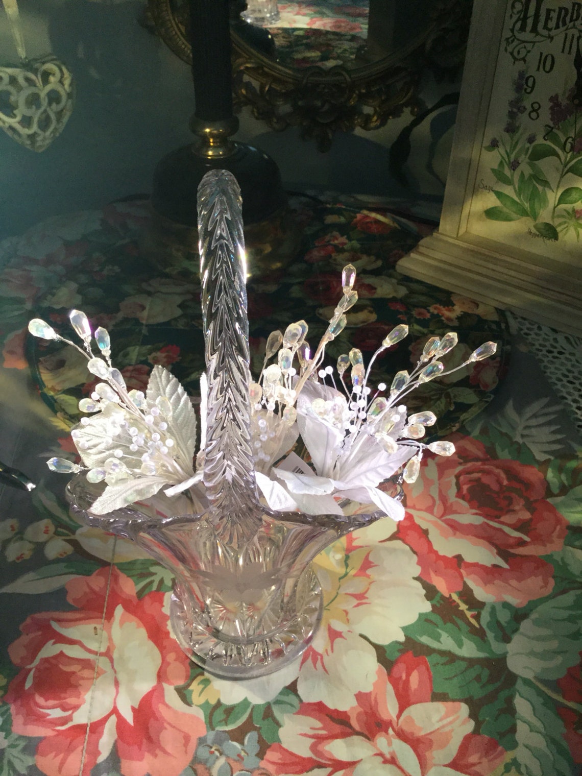 Vintage Etched Glass Bride's Handled Basket 9.5 Inches Etsy